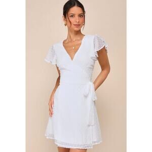 Lulus Much to Celebrate White Swiss Dot Flutter Sleeve Wrap Mini Dress XL